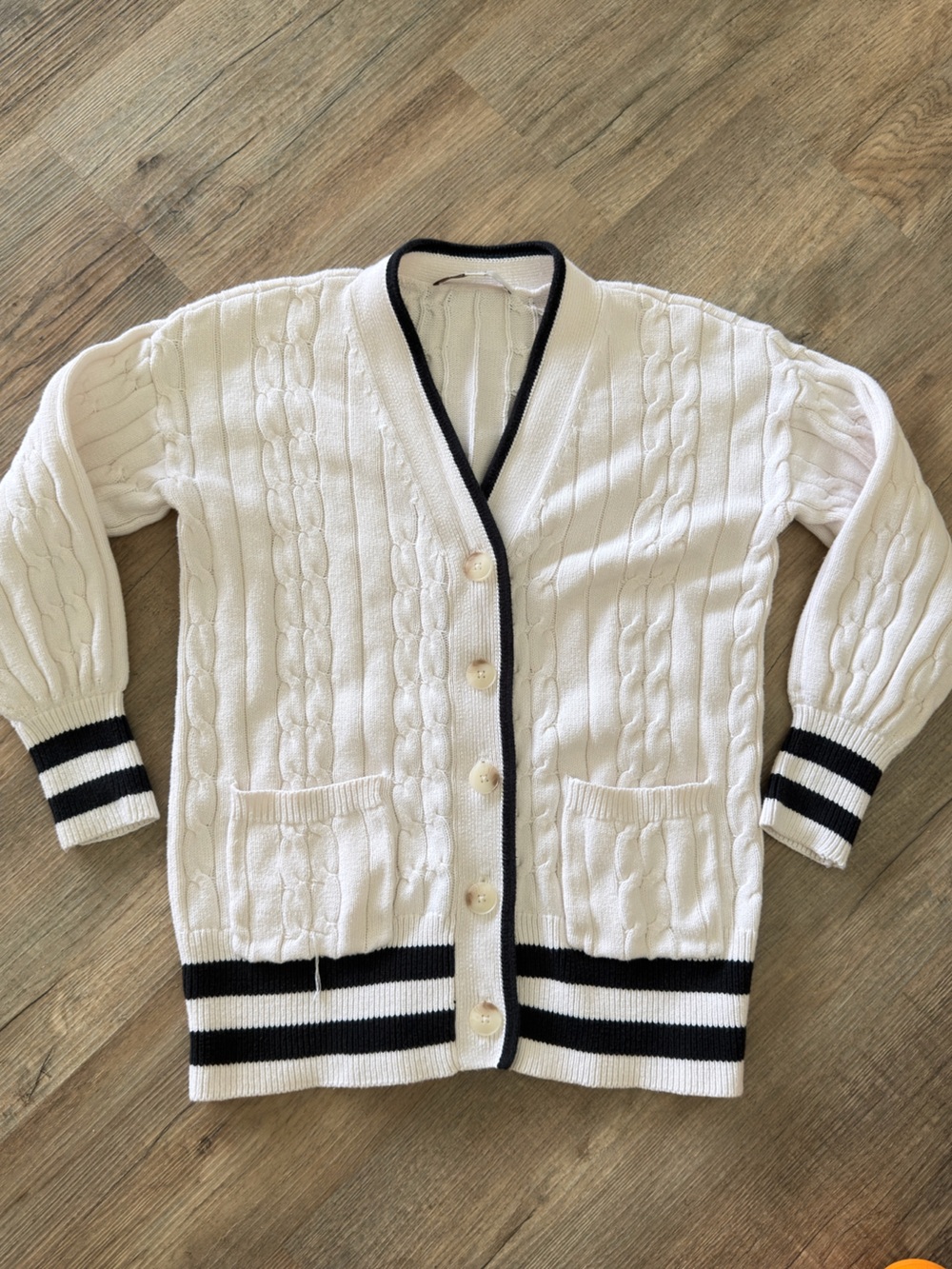 LOFT Cream Cable-Knit Cardigan with Black Trim